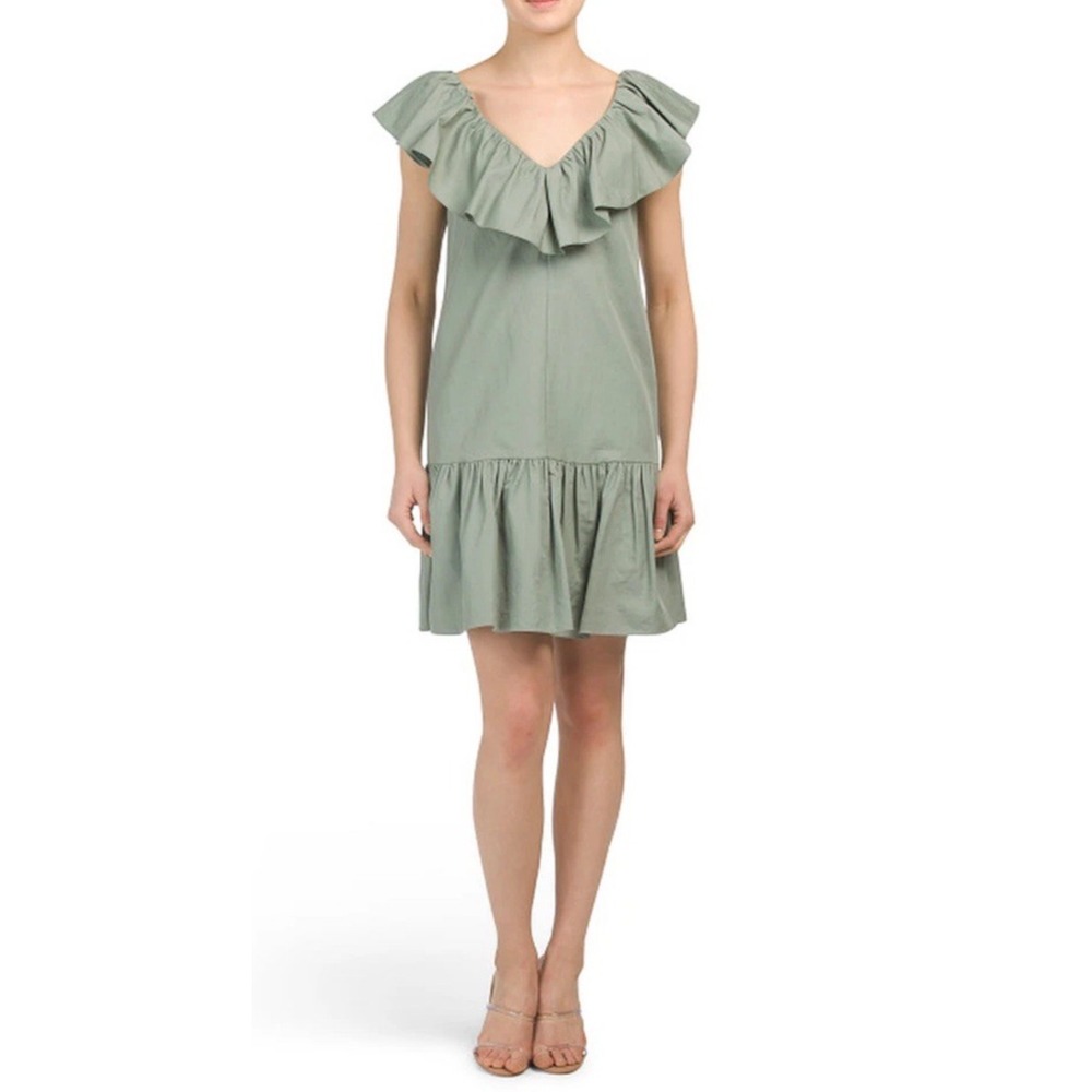 NWT Rebecca Taylor Linen Cotton Ruffle Dress Dark‎ Sage Green Size 4 $395.00